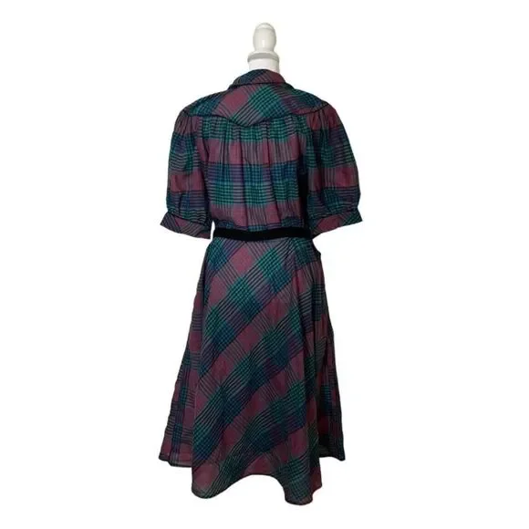 Millicent California Vintage Plaid Womens Puff Short Sleeve Belted Dress US 14 - Picture 4 of 8